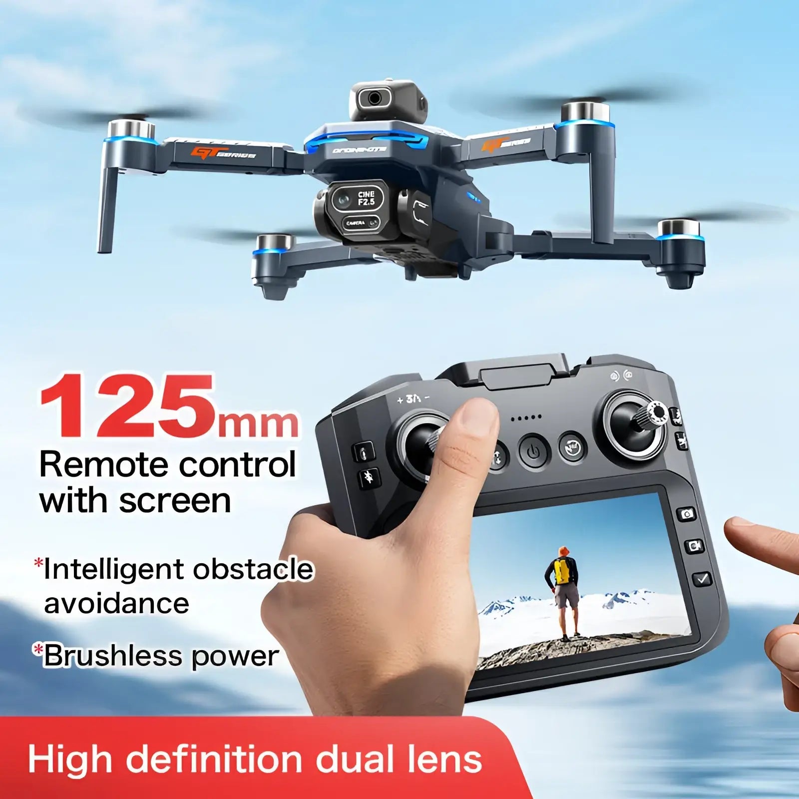 Black and blue gt8 hd camera drone with front-mounted camera and 4.3 inch lcd remote control for aerial photography