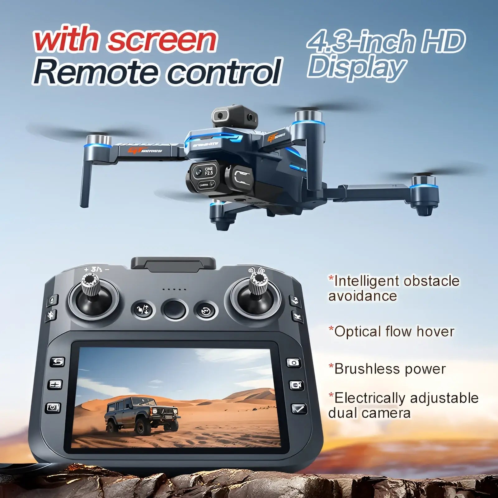Black and blue gt8 hd camera drone with 4.3 inch hd lcd remote control shown from the back side