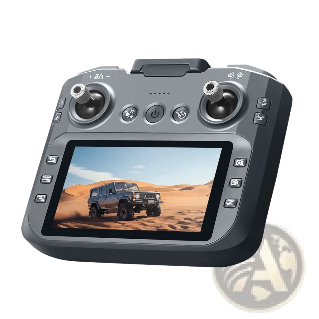Gray and black gt8 hd camera drone controller with 4.3 inch lcd touchscreen displaying an off-road vehicle in desert