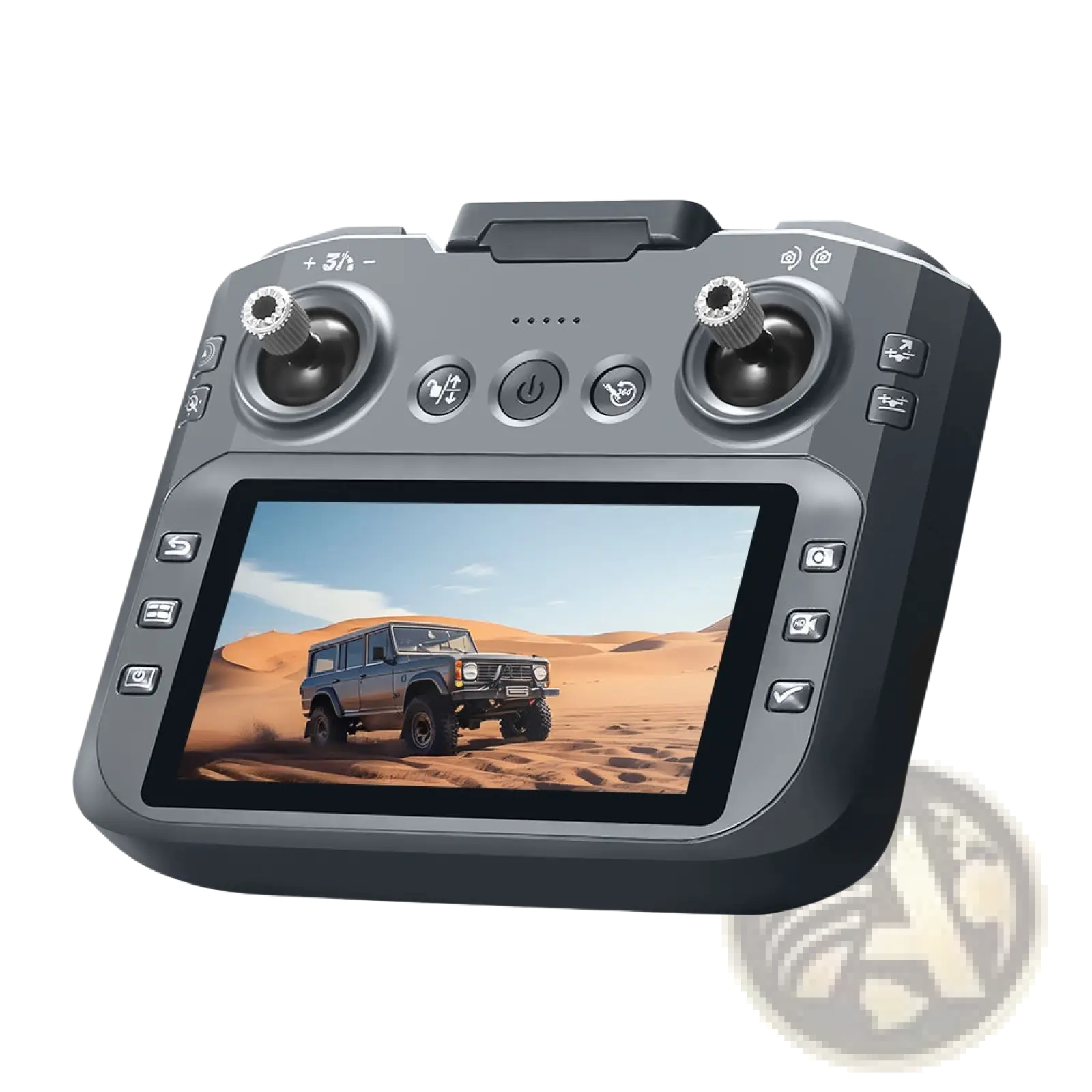 Gray and black gt8 hd camera drone controller with 4.3 inch lcd touchscreen displaying an off-road vehicle in desert