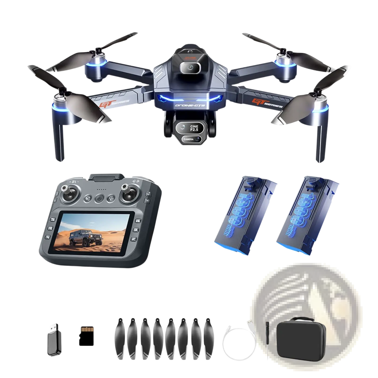 Gt8 hd camera drone in black and blue with led arm lights and a camera mounted below for aerial photography