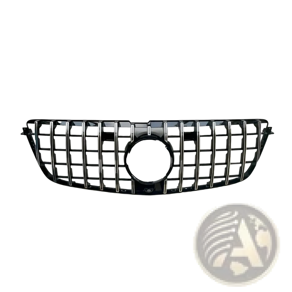 Gtr front grille for Mercedes Benz X166 2013 2015 with black and chrome finish and central circular emblem