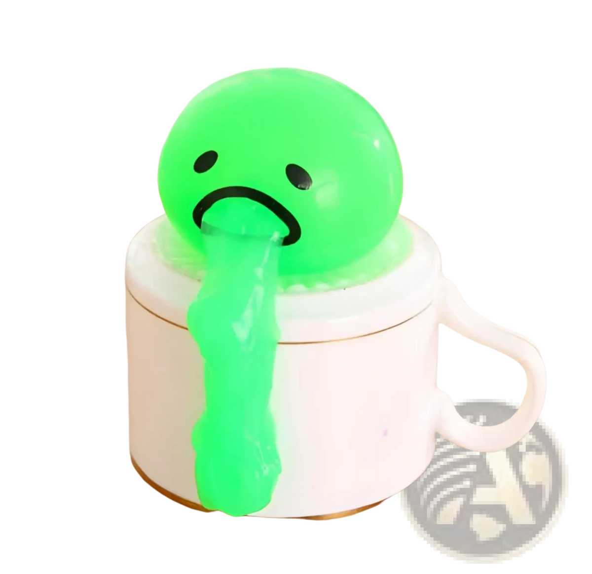 Green gooey stress ball with sad face and dripping slime on white ceramic mug from gudetama vomiting egg yolk toy