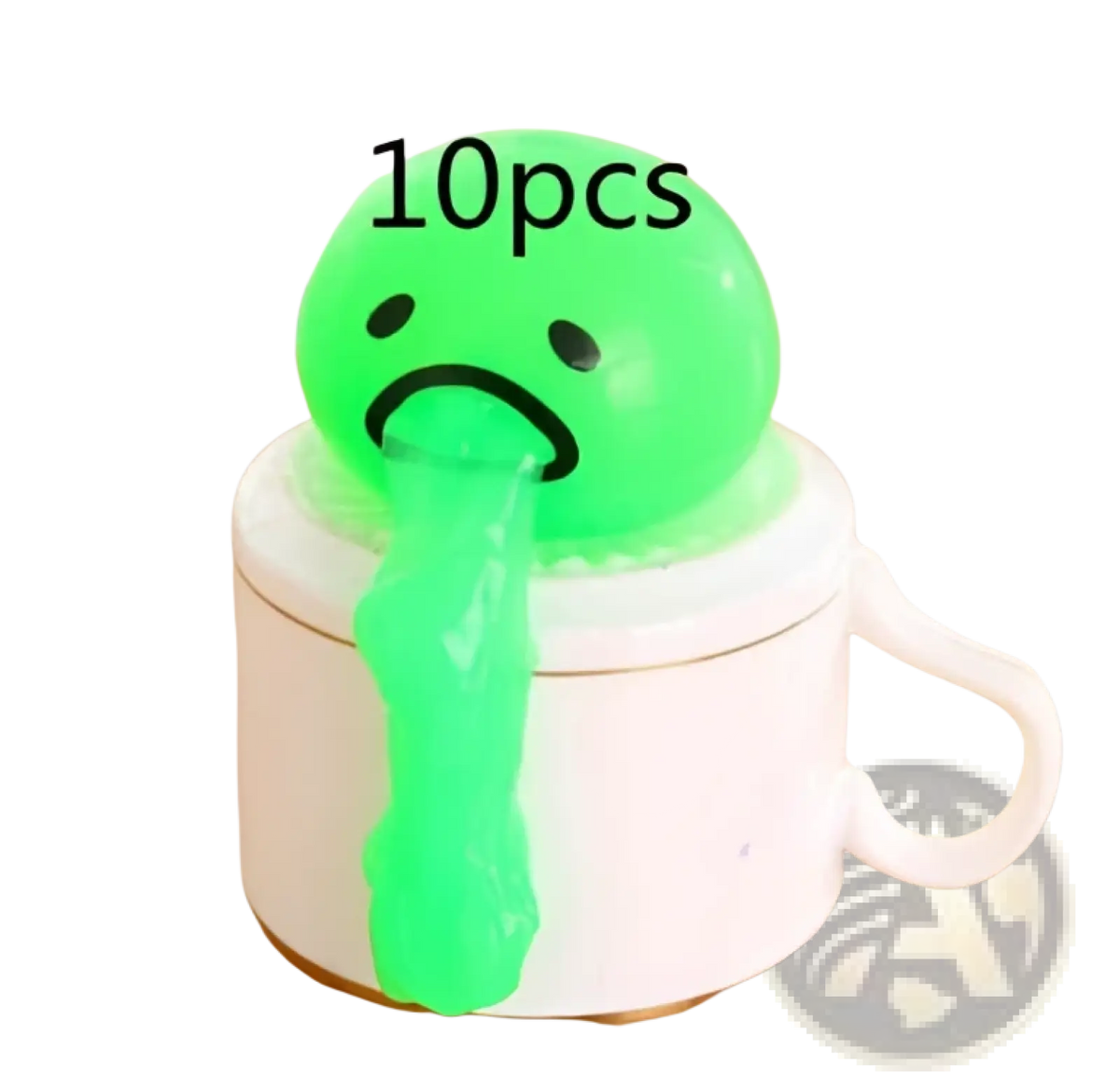Green gooey-faced gudetama vomiting egg yolk stress relief toy sitting on white ceramic mug for stress relief