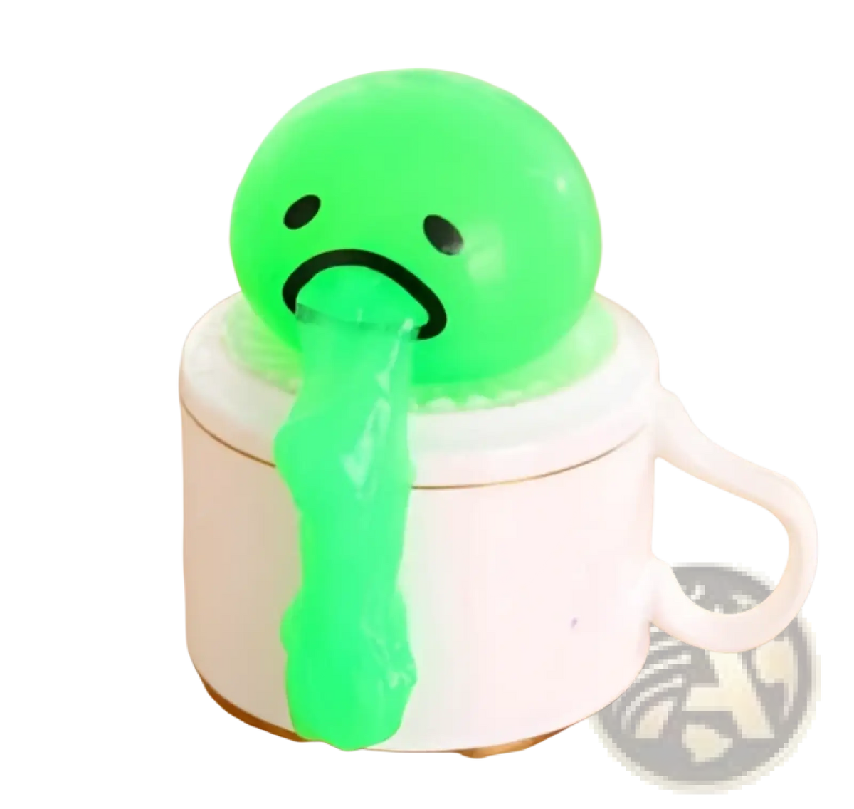 Green gooey stress relief ball with sad face on white ceramic mug from gudetama vomiting egg yolk toy collection