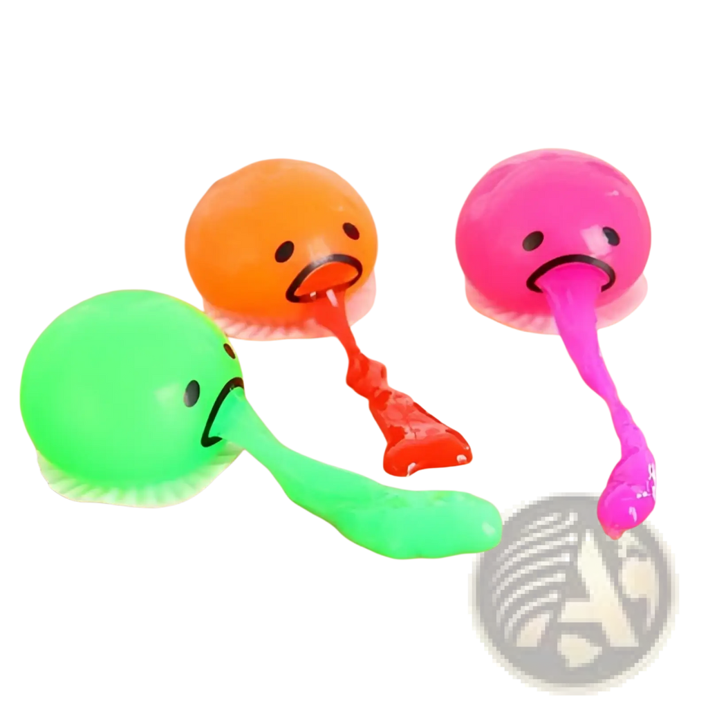Three colorful translucent gel gel-like gudetama vomiting egg yolk stress relief toys in green orange and pink with sad faces