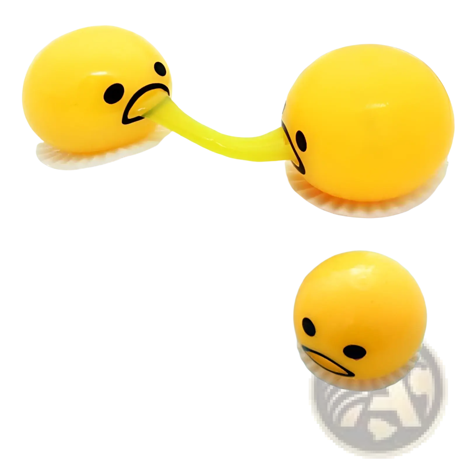Yellow Gudetama vomiting egg yolk stress relief toy featuring an egg-shaped stress ball with a stretchy tongue