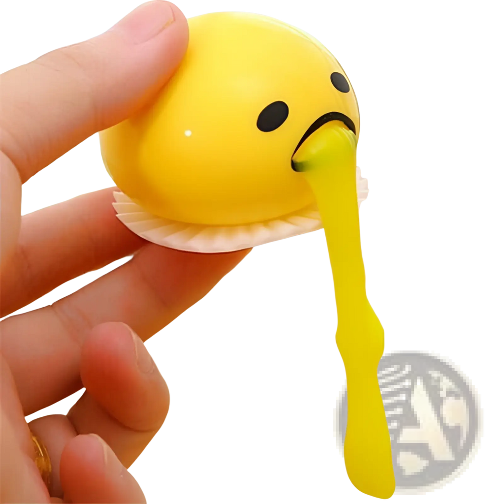Yellow gudetama vomiting egg yolk stress relief toy featuring a gooey yellow substance and sad face stress ball design