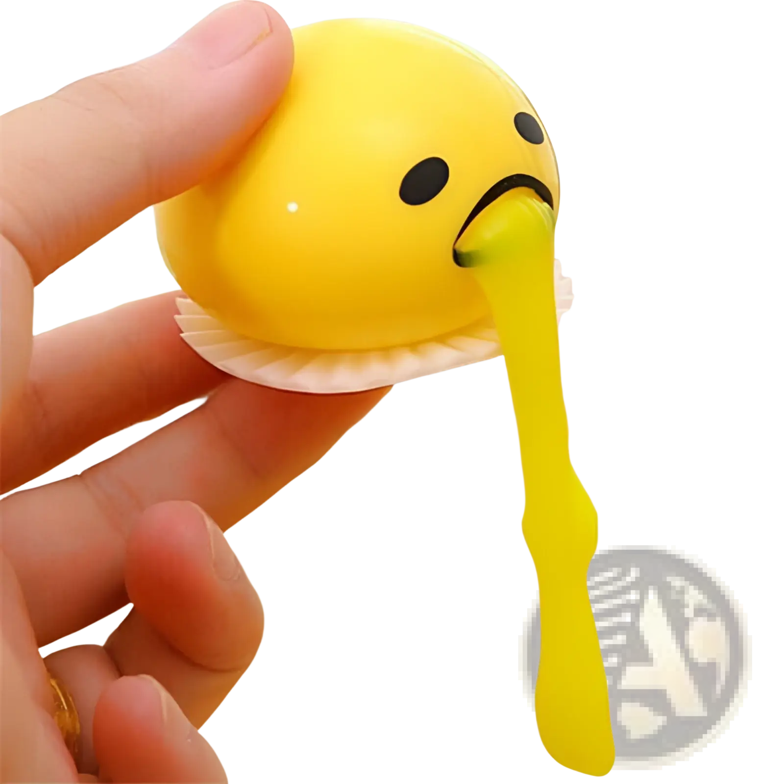 Yellow gudetama vomiting egg yolk stress relief toy featuring a gooey yellow substance and sad face stress ball design
