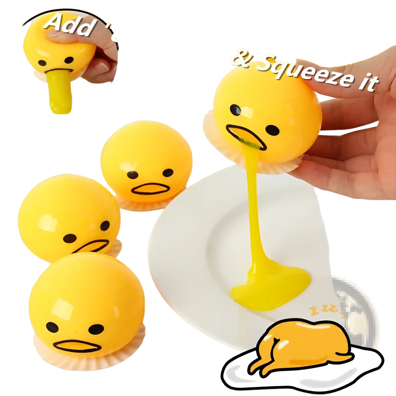 Yellow gudetama egg yolk squeeze toy with glossy plastic body and black facial features for stress relief use