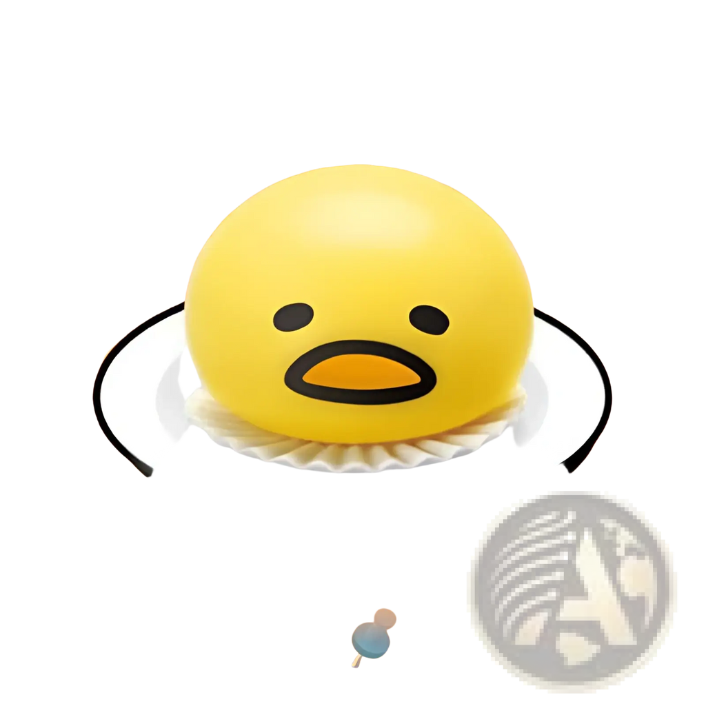 Yellow gudetama vomiting egg yolk stress relief toy squishy with black eyes and orange beak sitting on a white plate