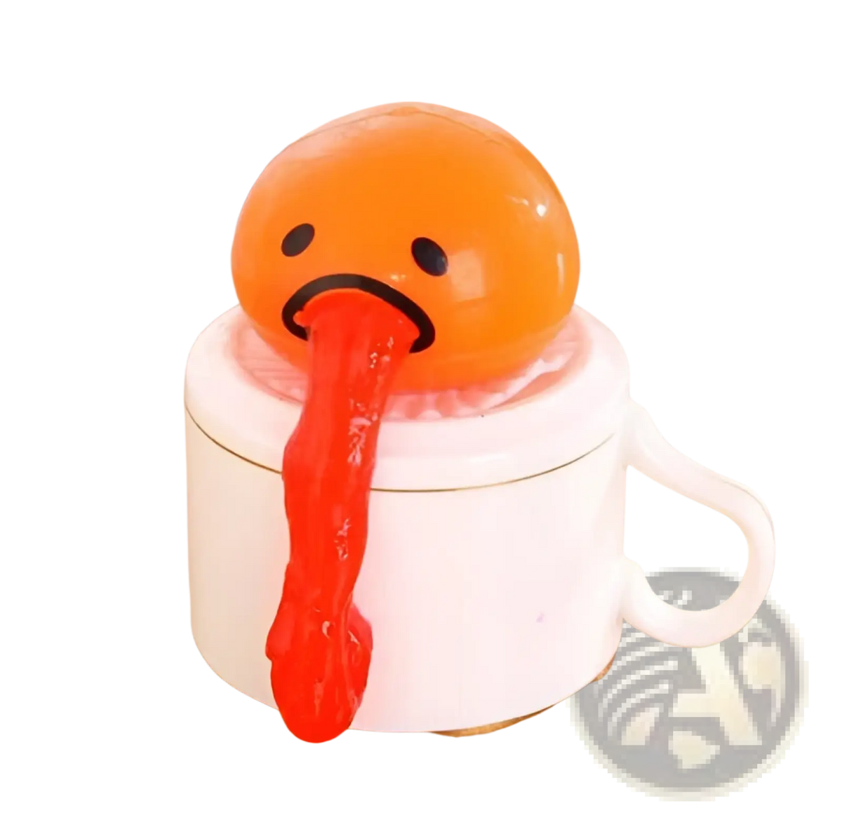 Orange Gudetama egg-shaped stress ball with red gooey substance spilling from white ceramic mug for stress relief