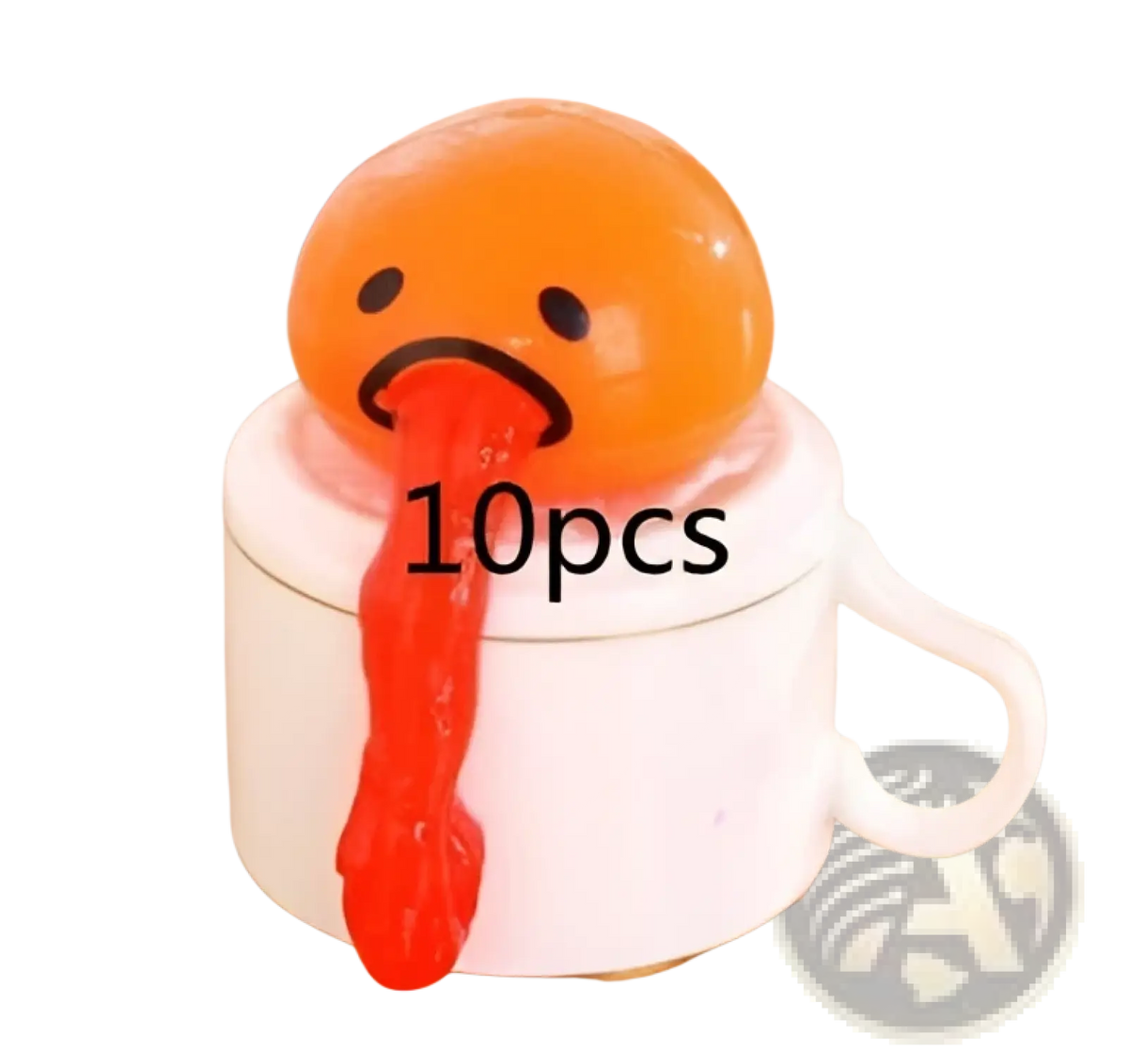 Orange gudetama vomiting egg yolk stress relief toy sitting in white ceramic cup spilling red goo with sad face