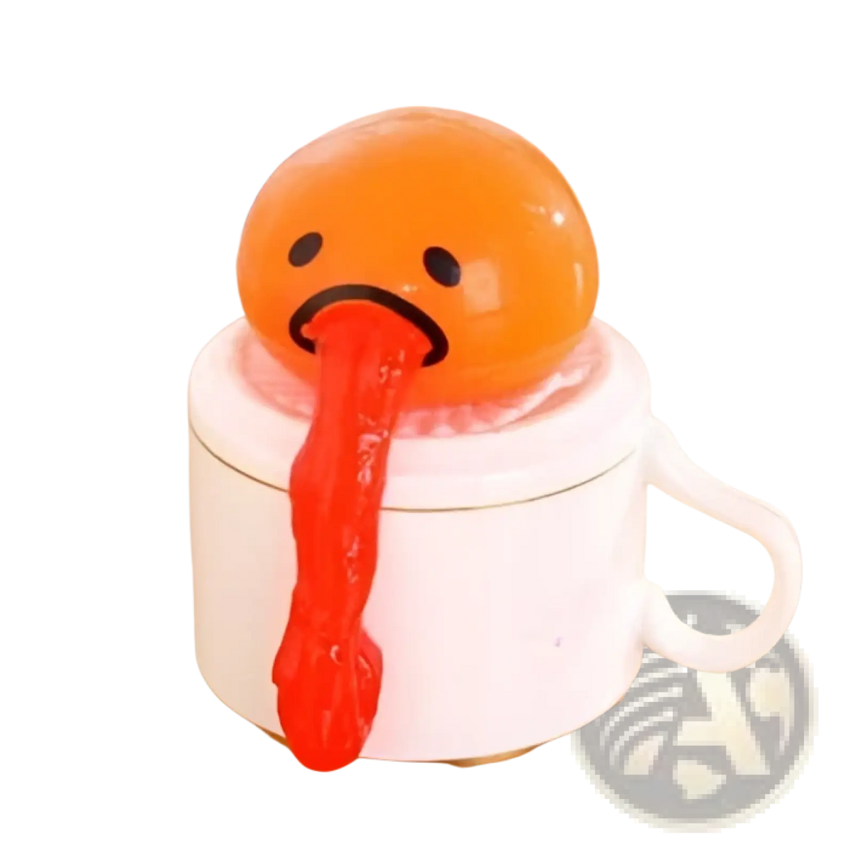 Orange gudetama egg-shaped stress relief toy with red gooey tongue sitting in a white ceramic mug