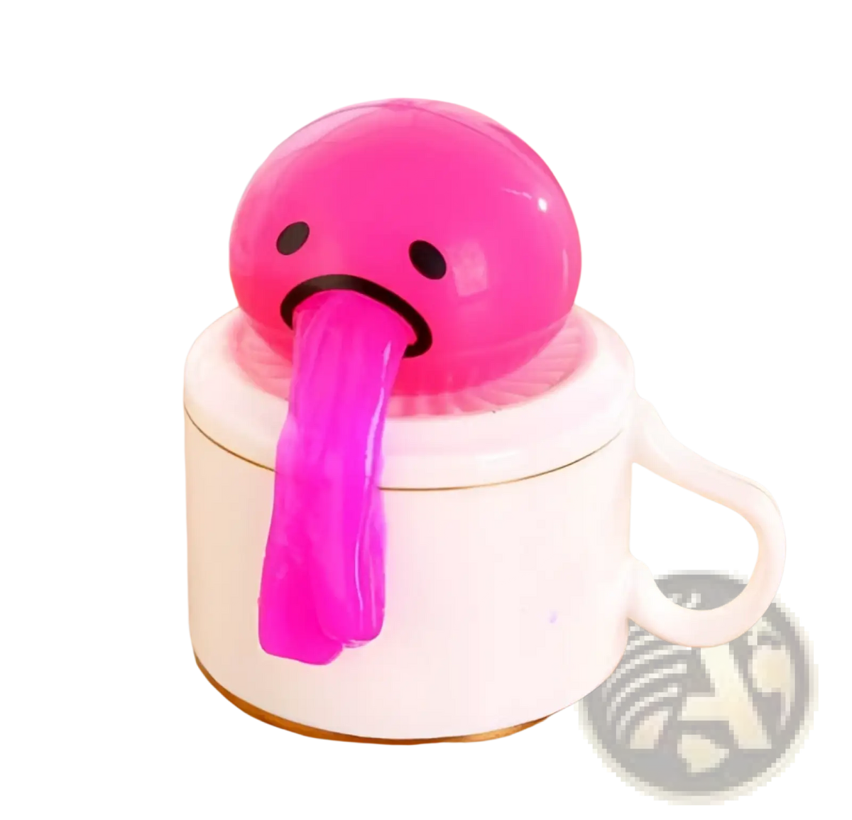 Pink glossy plastic gudetama vomiting egg yolk stress relief toy with long tongue sticking out