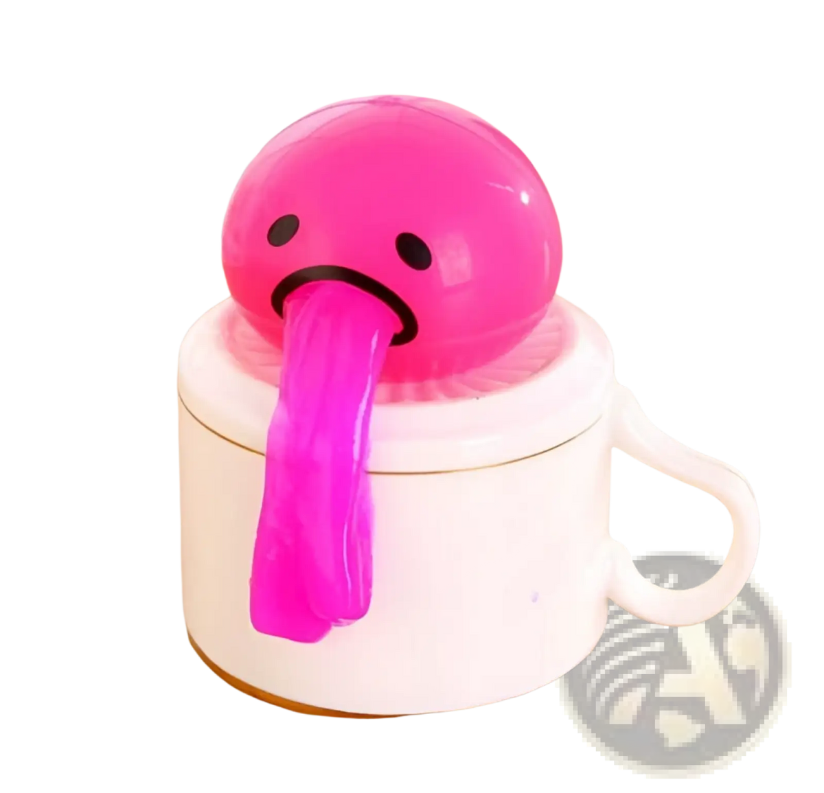 A bright pink squishy Gudetama vomiting egg yolk stress relief toy on a white ceramic mug