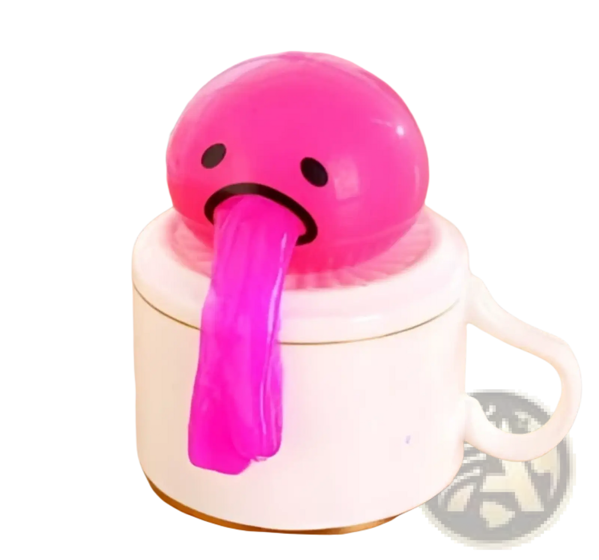 Pink squishy stress ball with sad face and long tongue sticking out gudetama vomiting egg yolk stress relief toy
