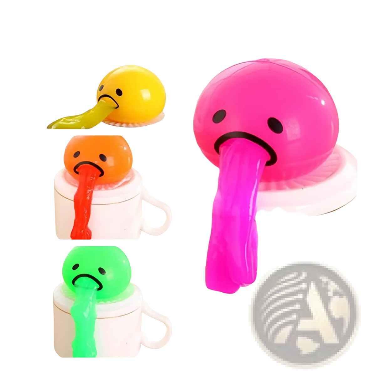 A colorful glossy plastic Gudetama vomiting egg yolk stress relief toy with a sad face and long stretchy tongue