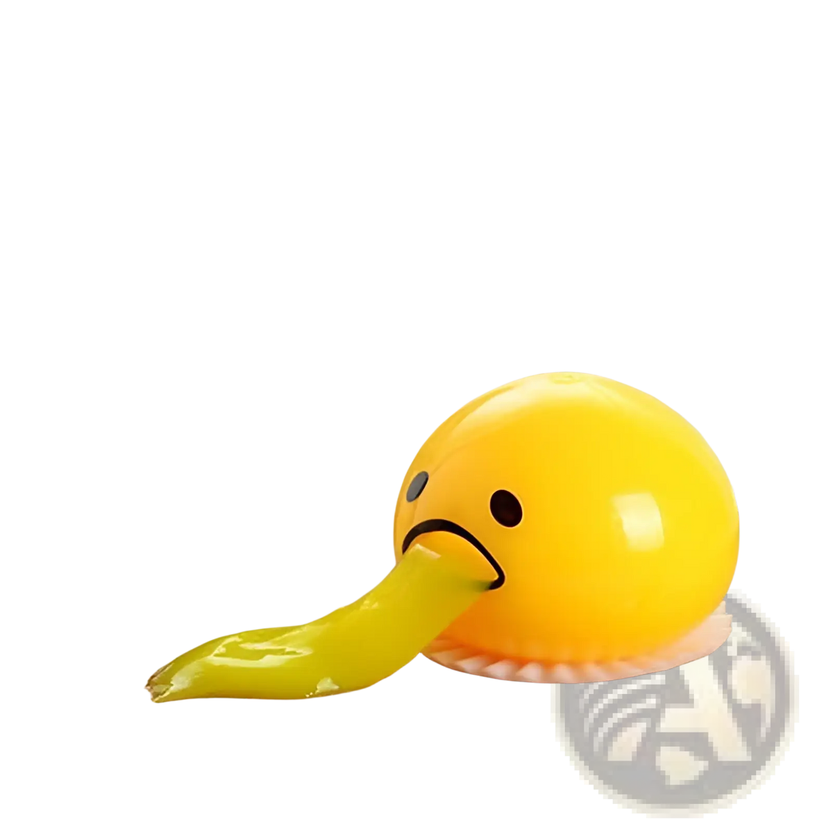 Yellow gudetama egg-shaped stress relief toy with a long green tongue and simple black facial features