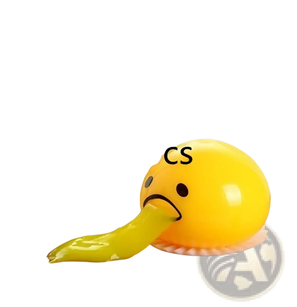 Yellow glossy plastic gudetama vomiting egg yolk stress relief toy shaped like an egg with a sad face and elongated yolk appendage