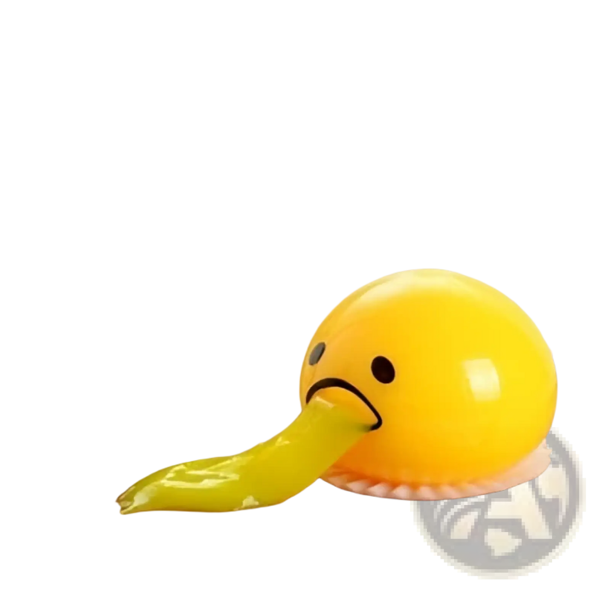 Yellow glossy plastic gudetama vomiting egg yolk stress relief toy with sad face and green goo oozing from mouth