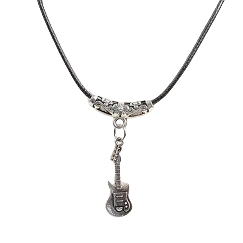 Silver guitar-shaped pendant on black cord necklace with ornate silver clasp for women