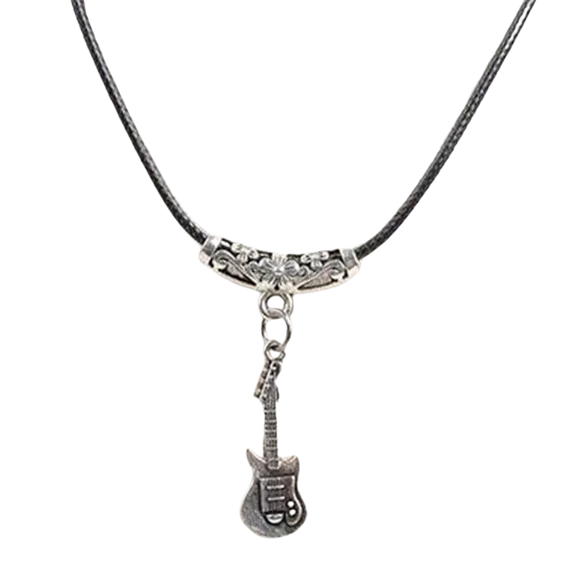 Silver guitar-shaped pendant on a black cord necklace with an ornate silver clasp for women