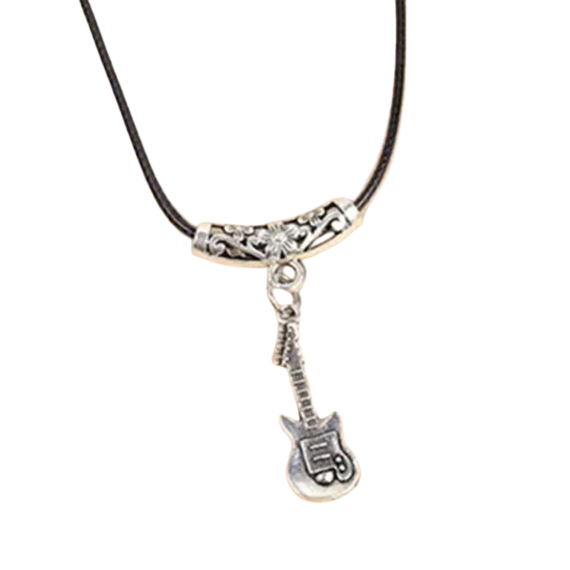 Silver guitar pendant on black cord necklace for women featuring an ornate silver clasp