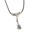 Silver guitar pendant on black cord necklace for women featuring an ornate silver clasp