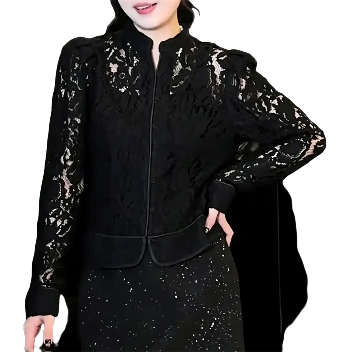 Guobioziy women lace blazer black slim jacket with intricate floral patterns and front zipper closure