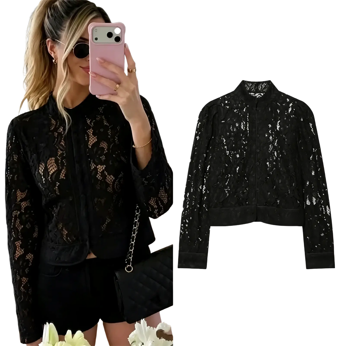 Black lace cropped blazer with classic collar and button front from guobioziy for elegant slimming style