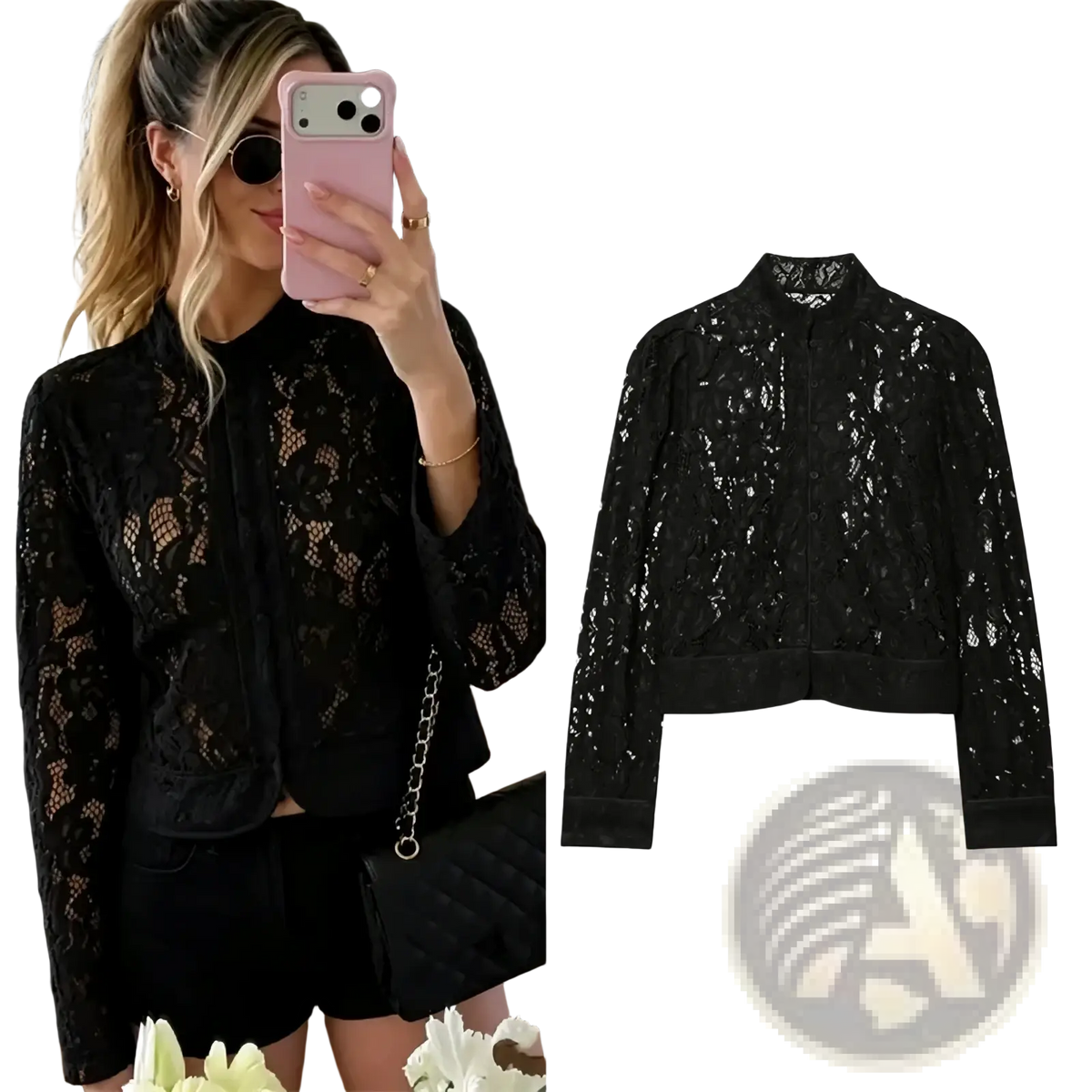 Black lace cropped blazer with classic collar and button front from guobioziy for elegant slimming style