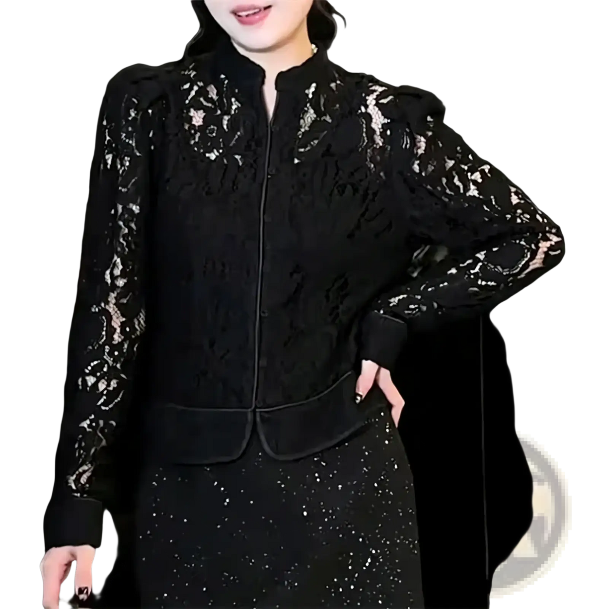 Guobioziy women lace blazer black slim jacket with intricate floral patterns and front zipper closure