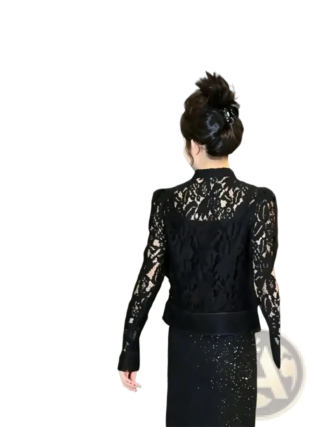 Black lace long-sleeved blazer with high neckline paired with sparkling sequin skirt by Guobioziy women elegant slim jacket