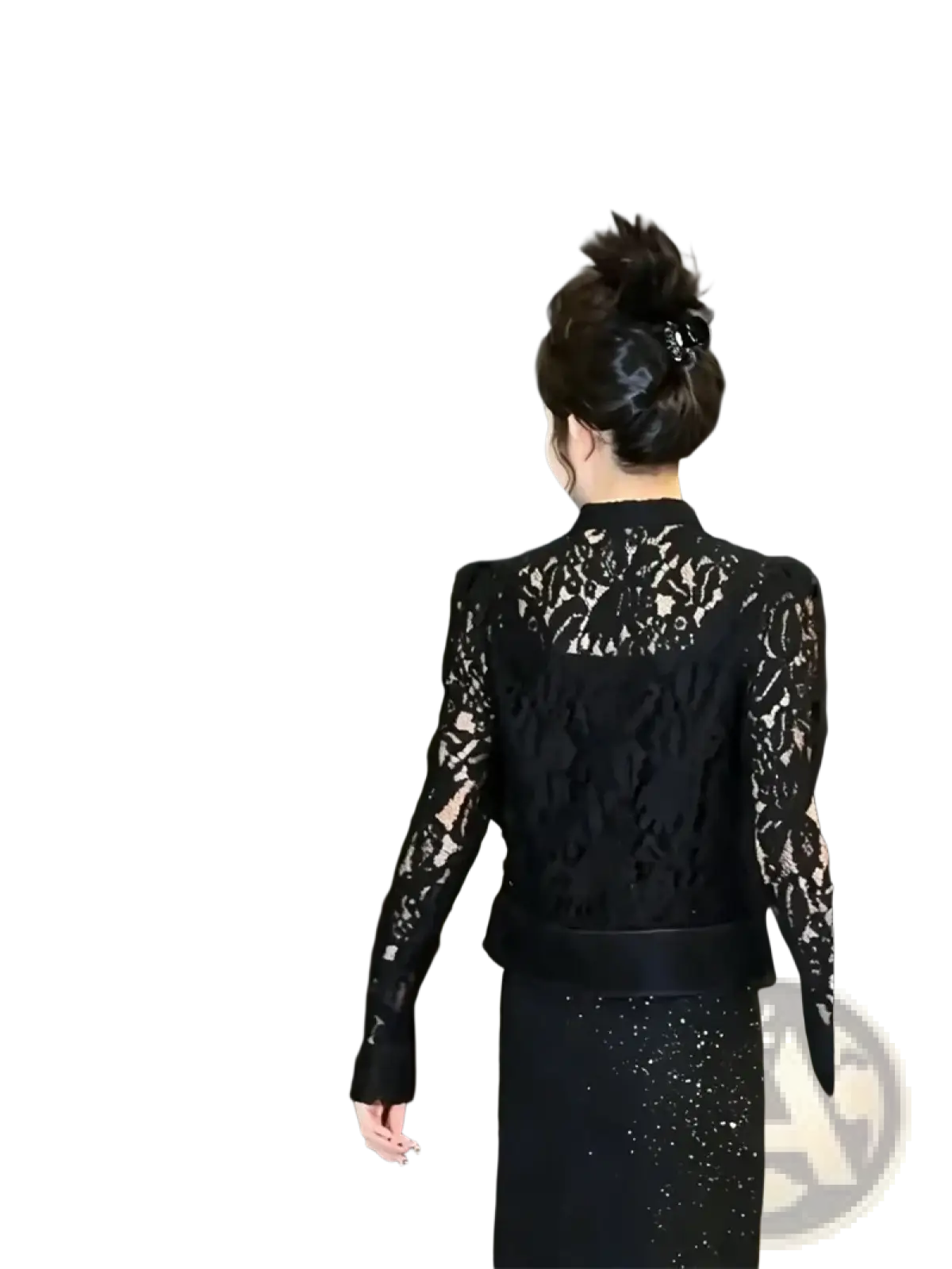Black lace long-sleeved blazer with high neckline paired with sparkling sequin skirt by Guobioziy women elegant slim jacket