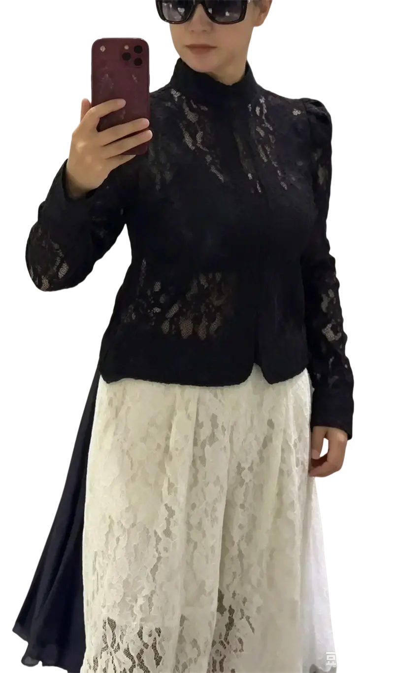 Black lace blazer with puffed sleeves and high neckline by Guobioziy elegant slim women jacket