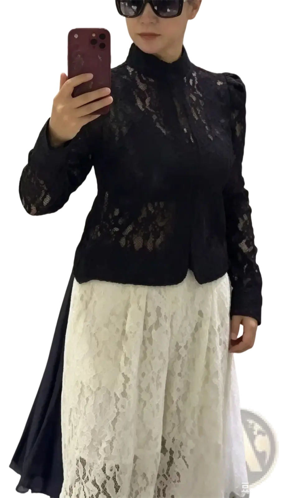 Black lace blazer with puffed sleeves and high neckline by Guobioziy elegant slim women jacket