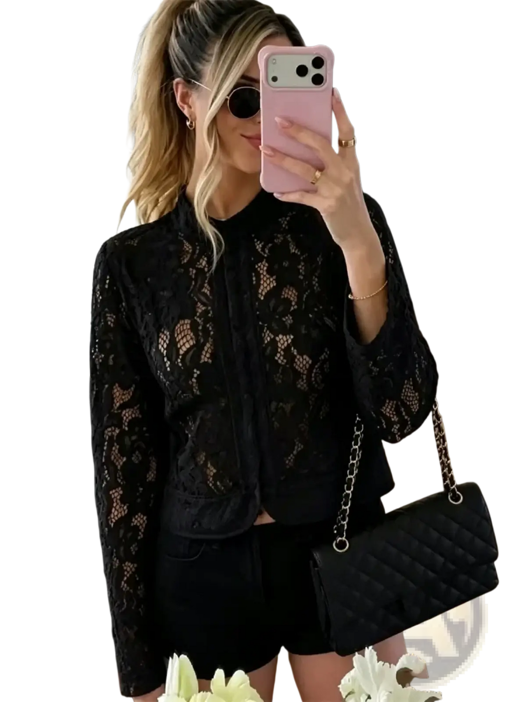 Black quilted leather chain strap handbag paired with guobioziy women lace blazer elegant slim jacket