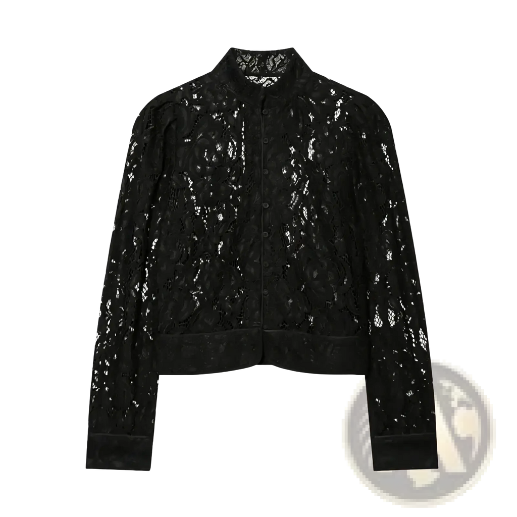 Guobioziy women lace blazer black lace bomber jacket with high collar button front and floral patterns
