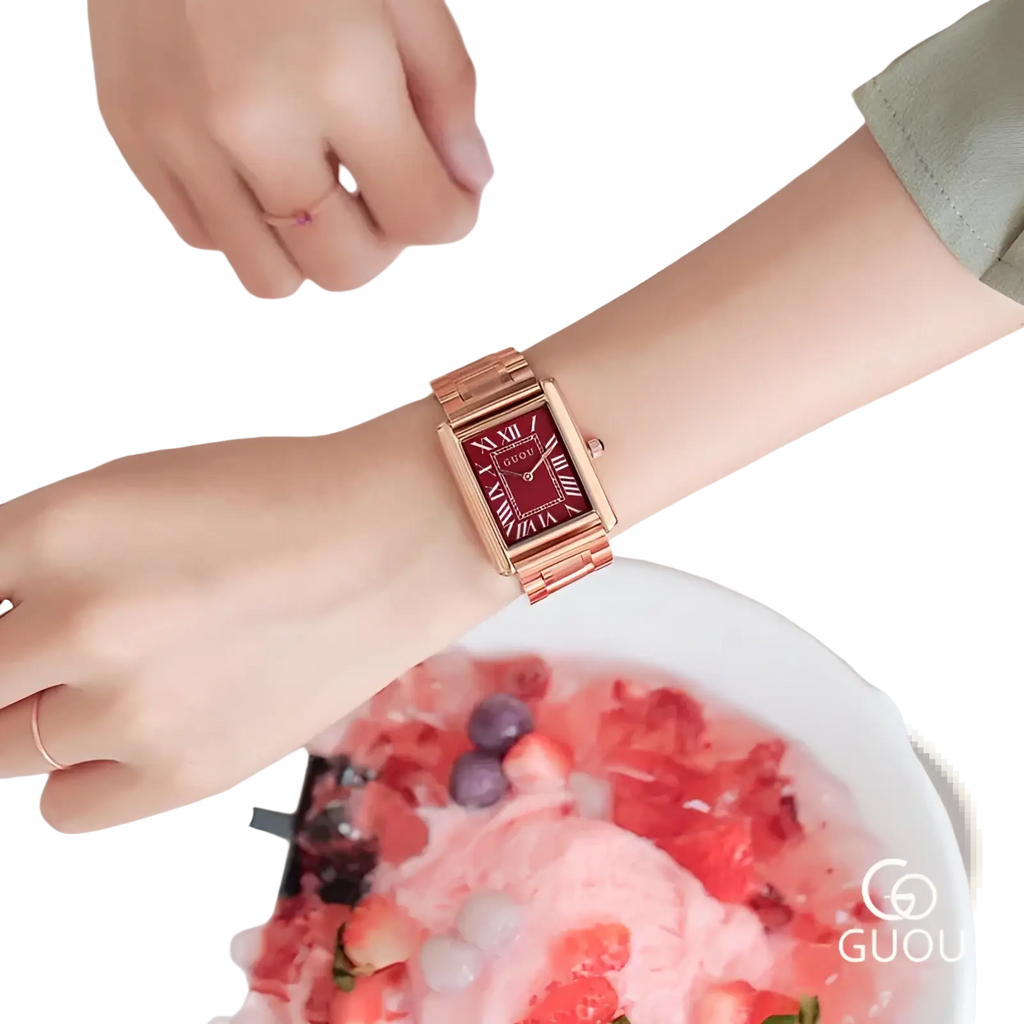 Guou rose gold rectangular women quartz watch with deep red dial and roman numerals elegant timepiece