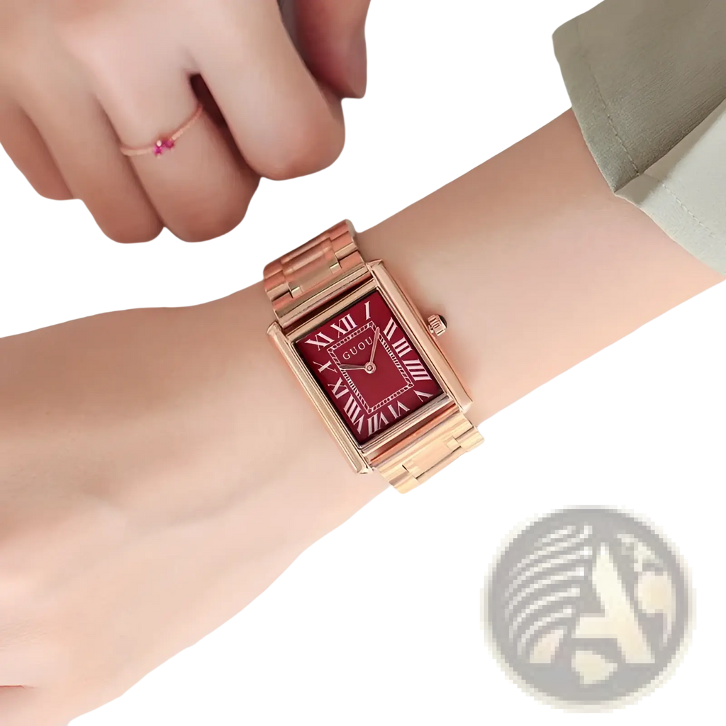 Guou rose gold rectangular women quartz watch with a deep red dial and roman numeral markers