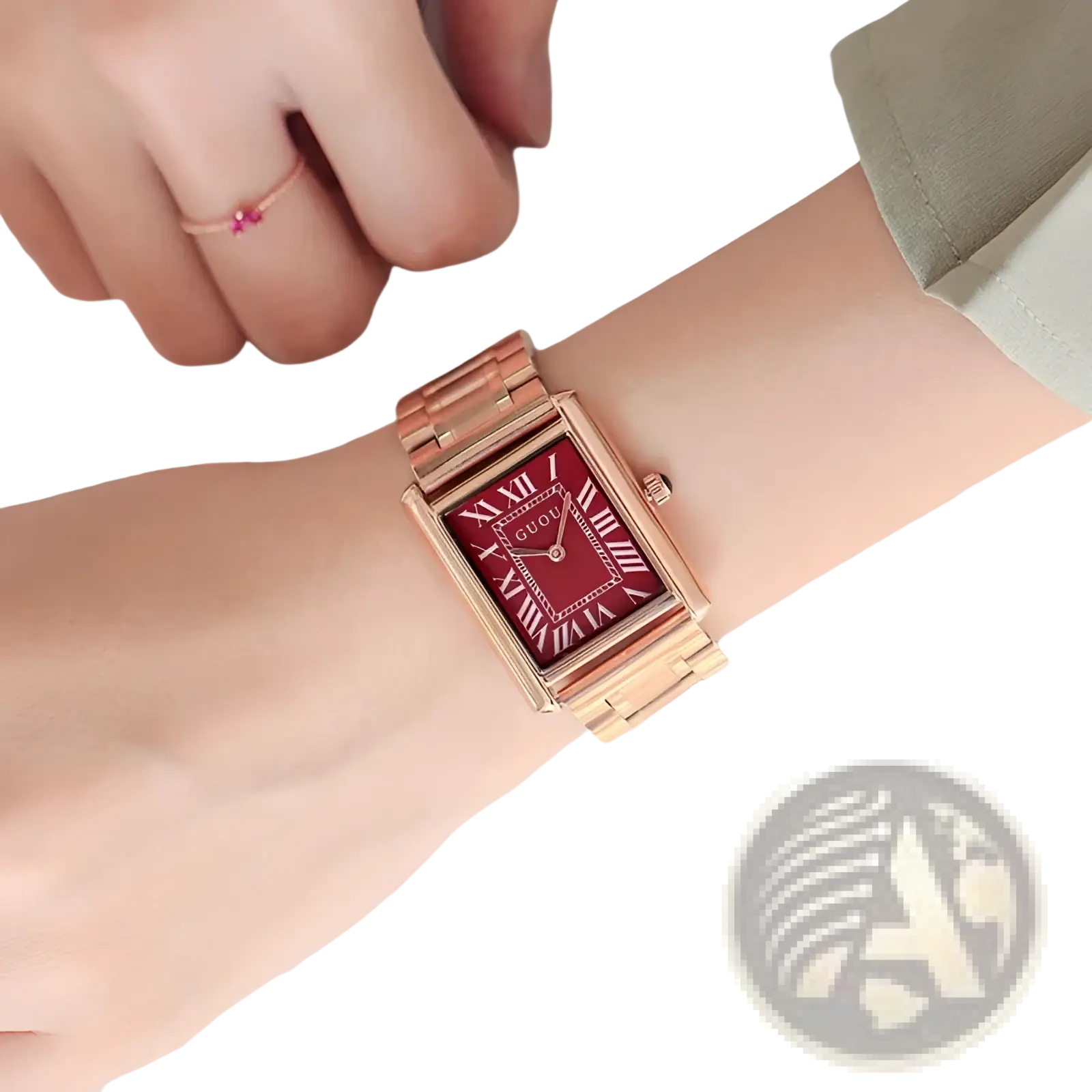 Guou rose gold rectangular women quartz watch with a deep red dial and roman numeral markers