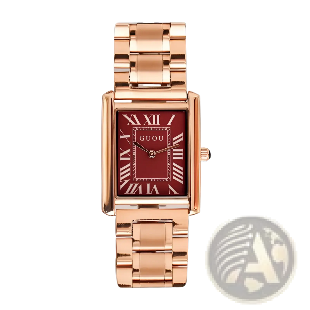 Guou rose gold rectangular women quartz watch with a deep red face and roman numeral hour markers