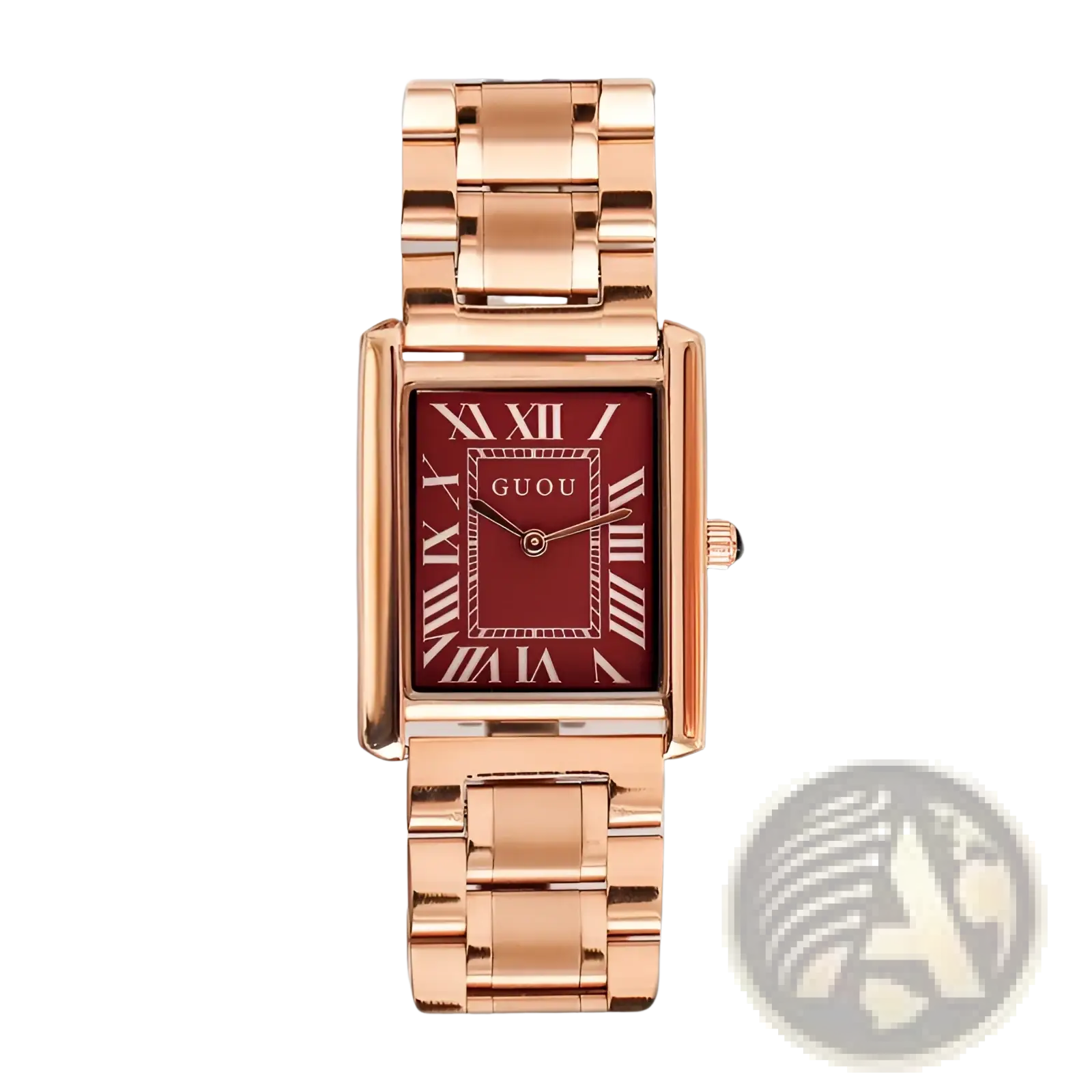 Guou rose gold rectangular women quartz watch with a deep red face and roman numeral hour markers