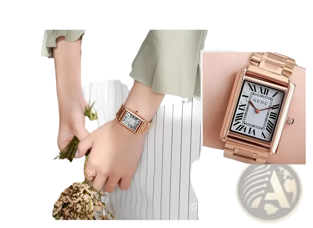Guou rose gold rectangular women quartz watch with white face and black roman numerals