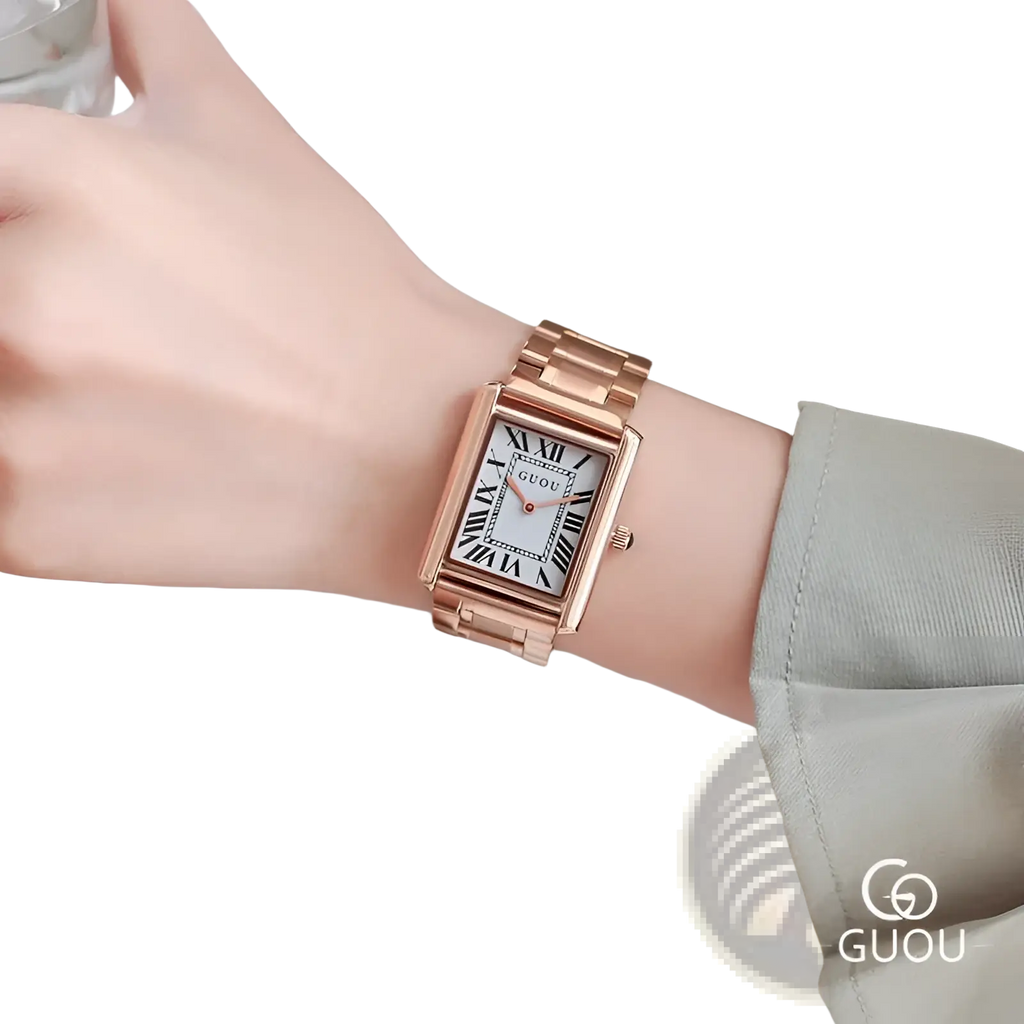 Guou rose gold rectangular women quartz watch with a white dial and black roman numerals on the face