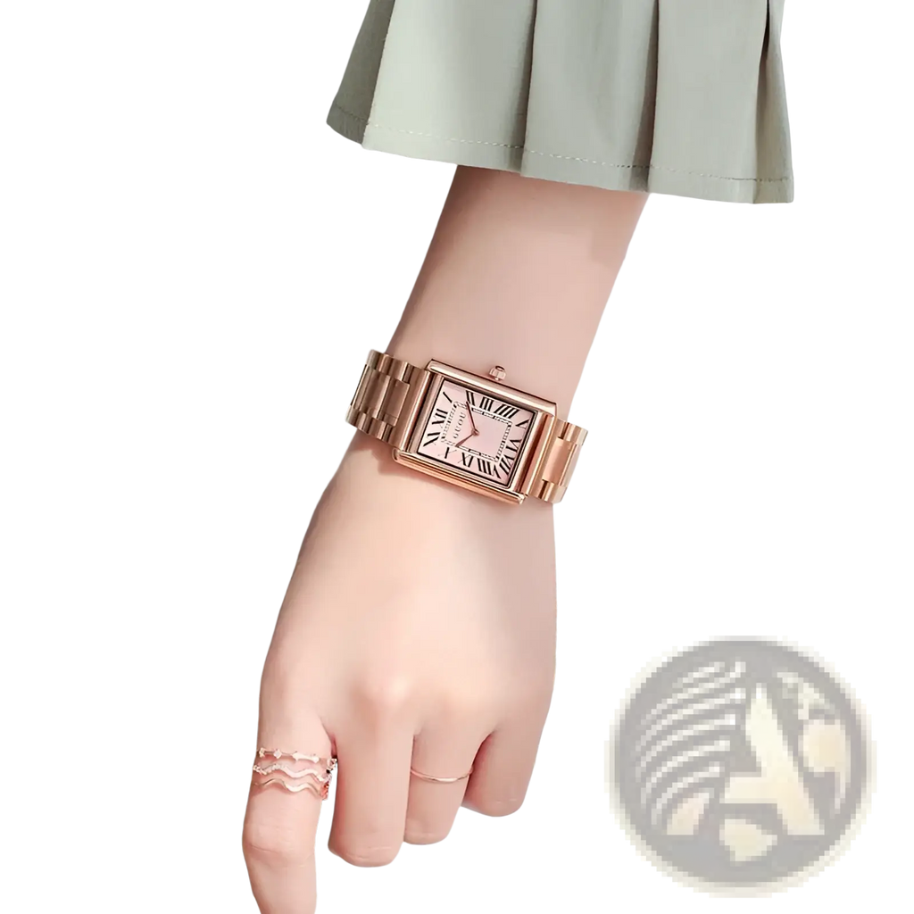 Guou rose gold rectangular women quartz watch with white face and roman numeral markers