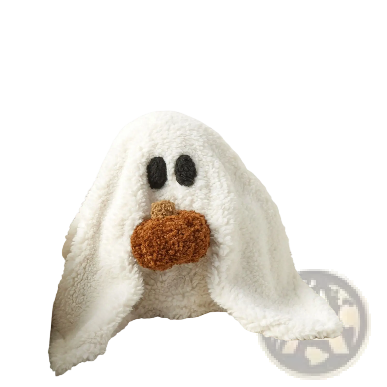 Gus the Ghost Pumpkin Halloween plush pillow toy with white plush, black button eyes, and brown textured pumpkin nose