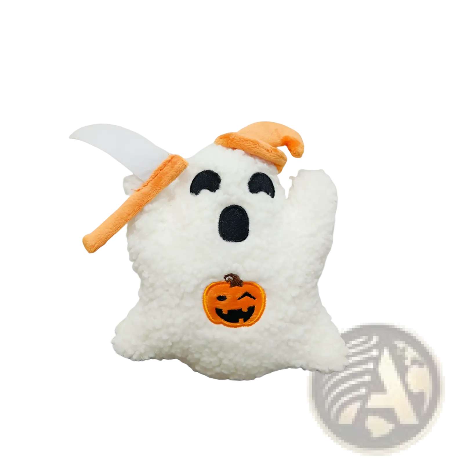 Gus the Ghost pumpkin Halloween plush pillow toy in white with orange hat and black embroidered facial features