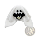 White plush ghost towel with black embroidered bat face and white teeth in gus the ghost pumpkin halloween plush pillow toy